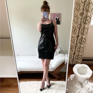 ALYCE BLACK SEQUIN TANK DRESS ZIPPER LINED FORM FIT SPAGHETTI STRAPS BEADING